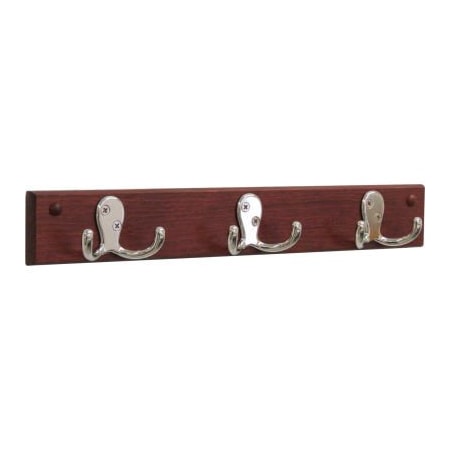 Wooden Mallet Wooden Mallet Wall Mounted Coat Rack, 3 Double Prong Hook Rail, Nickel/Mahogany HSD3NMH